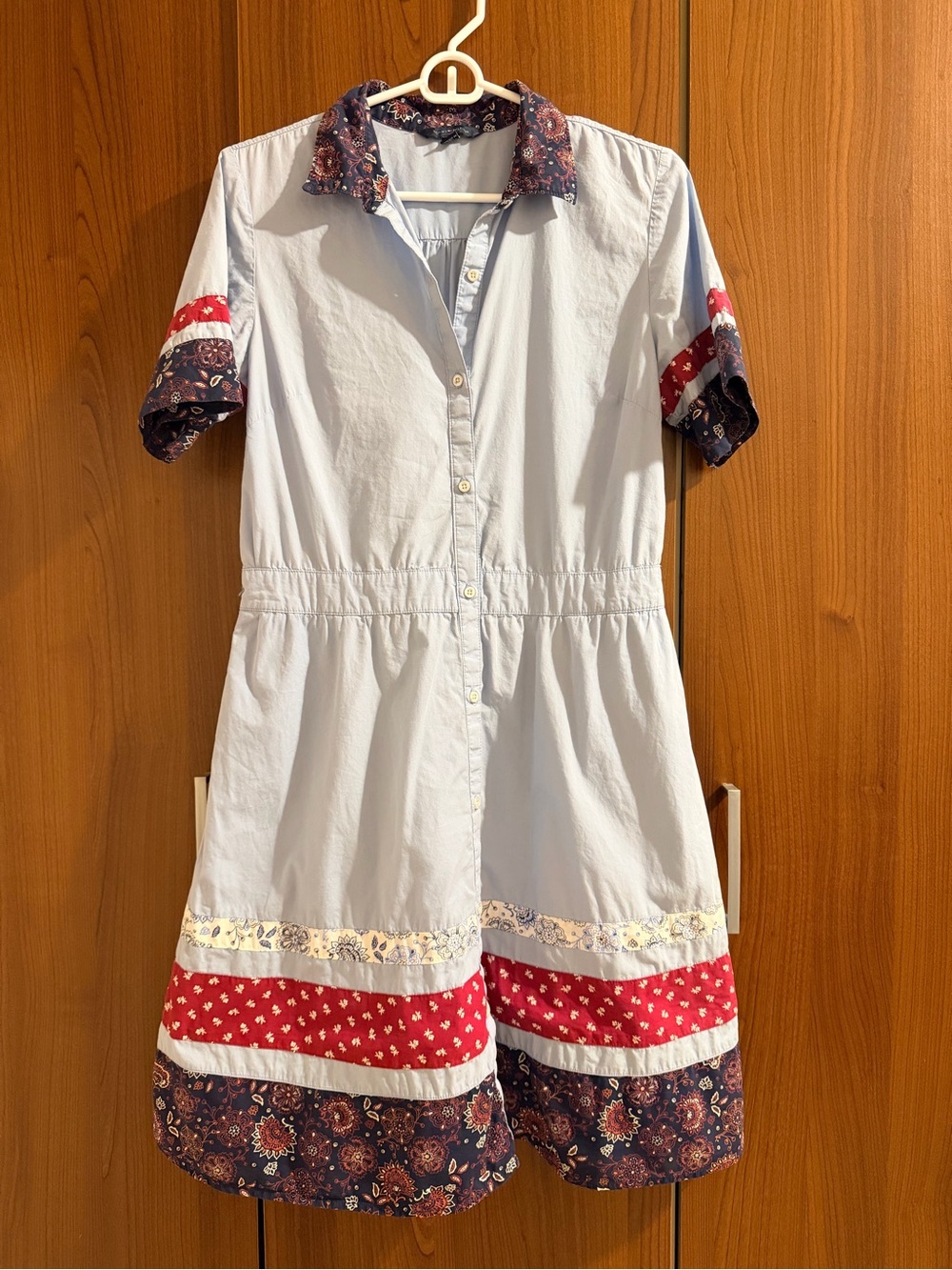 Tommy Hilfiger Light Blue Cotton Romper with Red & Navy Patterned Trim